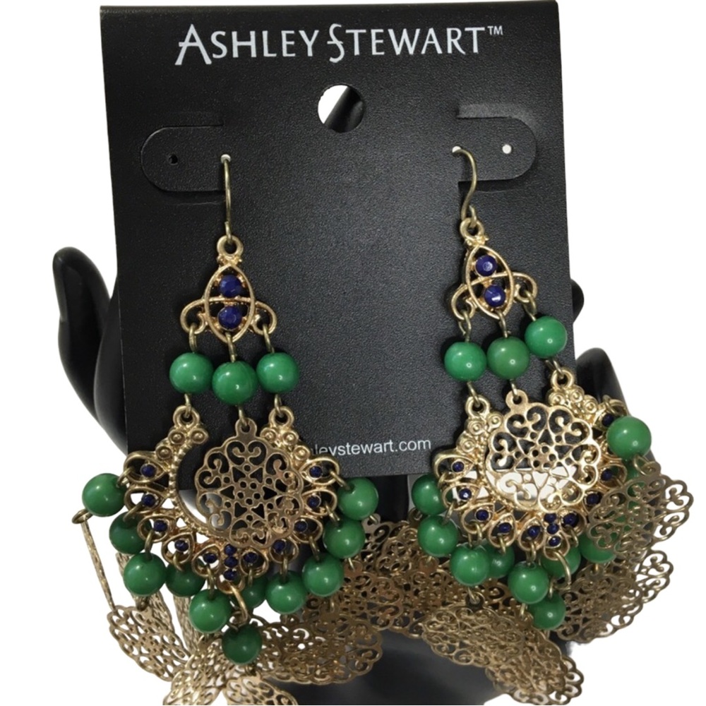 Ashley Stewart earrings green and gold tone hanging